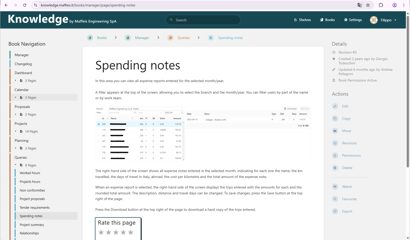 Knowledge base with Spending notes page in Maffeis template