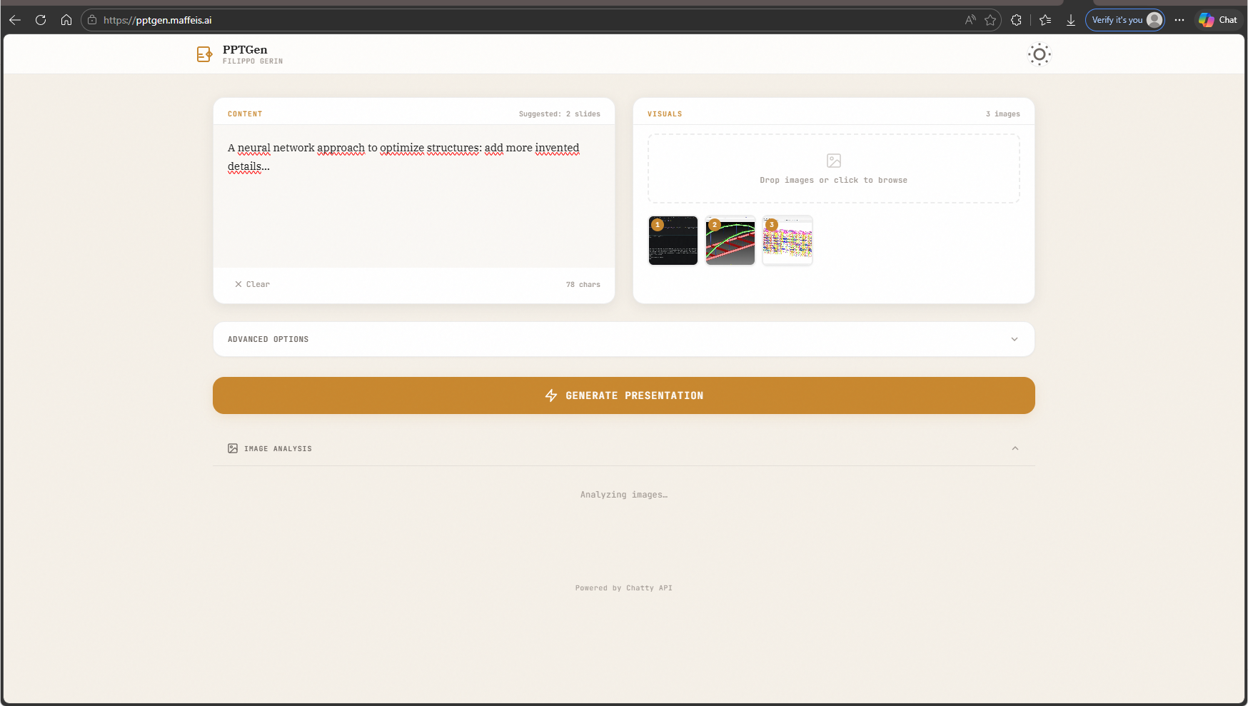 PPTGen interface - paste content, upload images, generate presentation